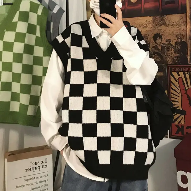 Spring Summer Autumn Plaid Contrast Color Casual Pullover Tess Vest Men Loose Knitted Top Sweater Students Sweater Vest G62