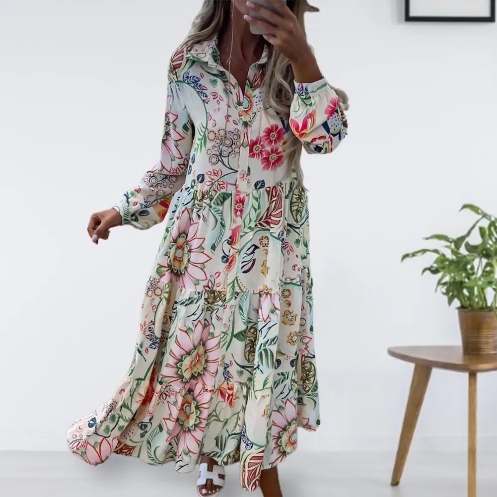 

Женское длинное платье на пуговицах, Элегантное повседневное свободное платье-рубашка с отложным воротником и цветочным принтом, весна-лет...