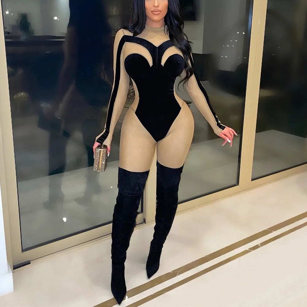 Женский комбинезон с длинным рукавом Длинный Облегающий круглым вырезом весна