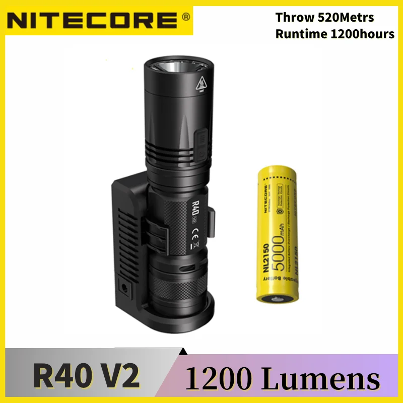 NITECORE R40 V2 Rechargeable Flashlight led Powerful Strong Light Long Range Torch Wireless Charge, Car charger, 21700 Battery