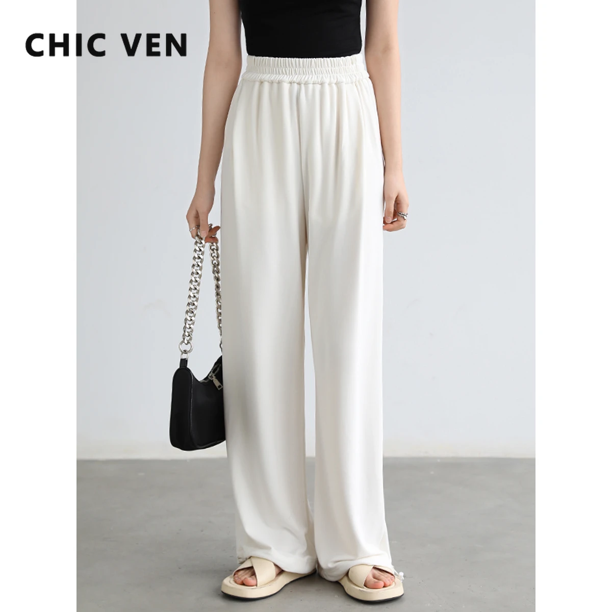 CHIC VEN  Trousers Women Cotton Casual Loose Elastic Waist Drawstring Wide Leg Casual Pants for Women Sports Female Summer 2022