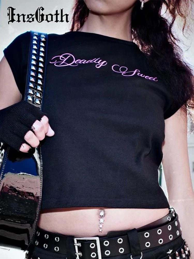 

InsGoth Gothic Y2k Aesthetics Vintage Short Sleeve T-shirt Women Hip Hop Goth Casual Harajuku Grunge Crop Tops Wing Printed Tees