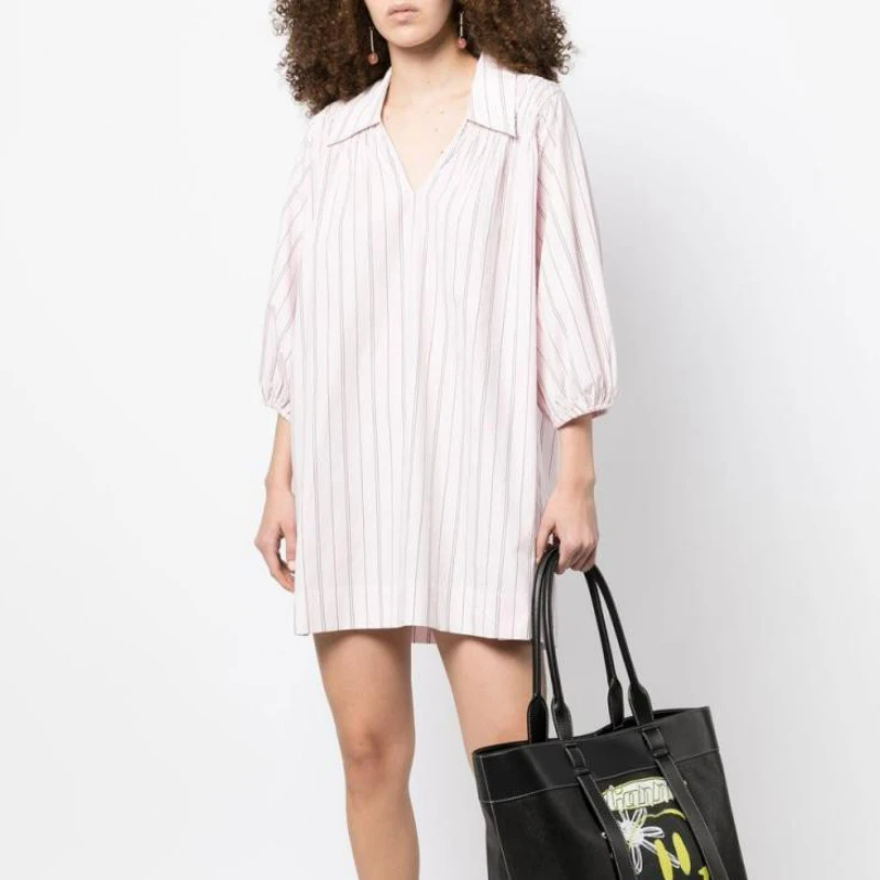 2023 Summer New Retro Vertical Stripes V-neck Loose Pullover Three-point Puff Sleeve Ladies Shirt Short Dress