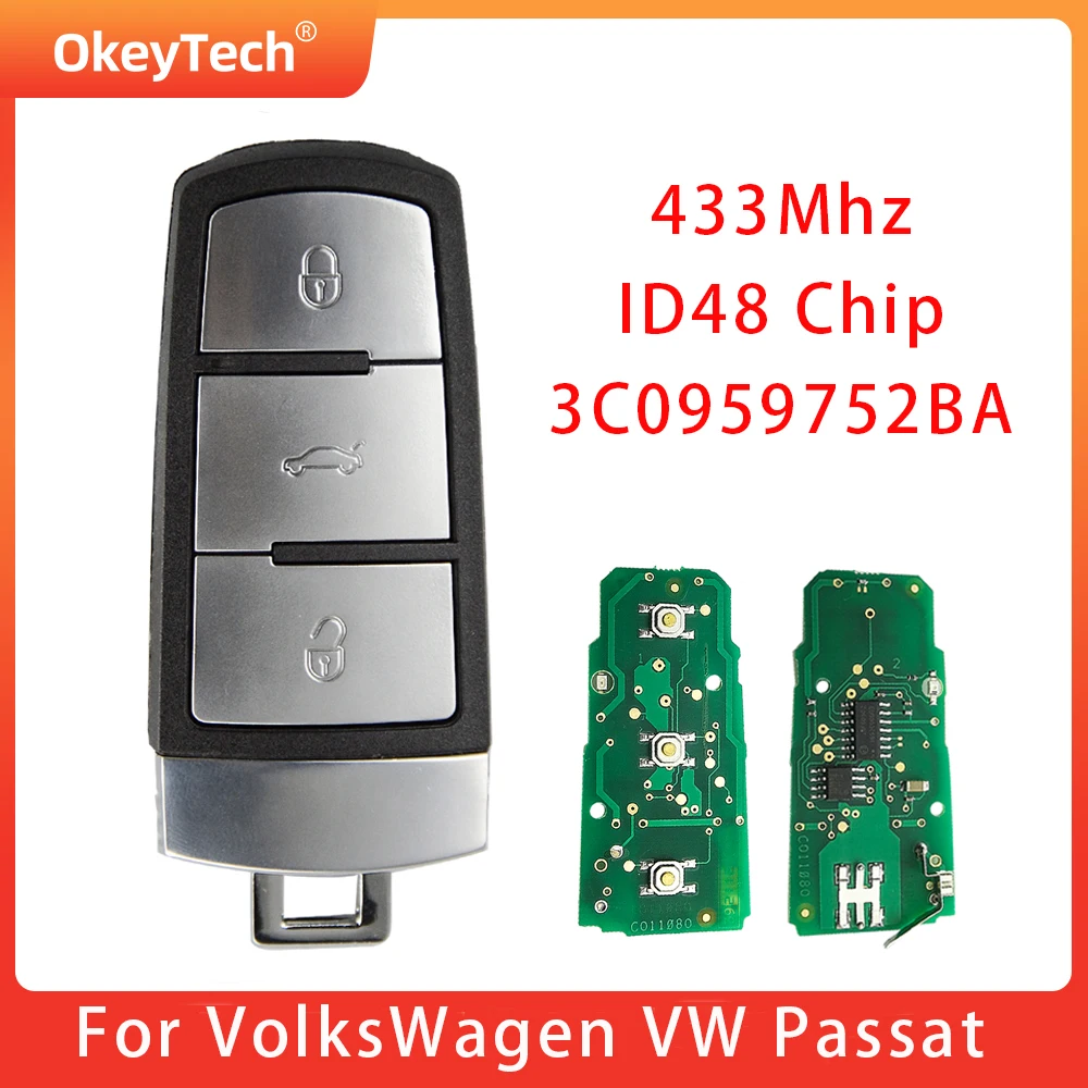 

OkeyTech Smart Remote Key Fob 3C0959752BA 3BT Keyless Uncut 433MHZ ID48 Chip For VolksWagen VW Passat B6 3C B7 Magotan CC Key