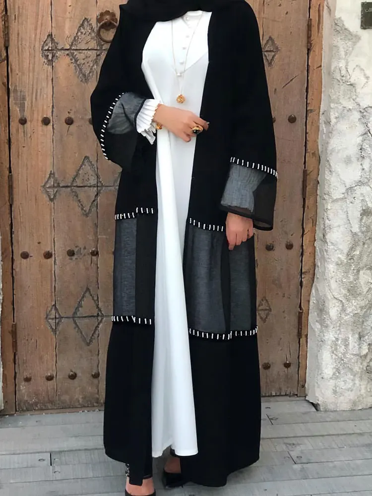Beaded Open Abaya Kimono Women Tulle Patchwork Muslim Long Dress Robe Islam Dubai Turkey Modest Black Abaya Arab Cardigan Dress