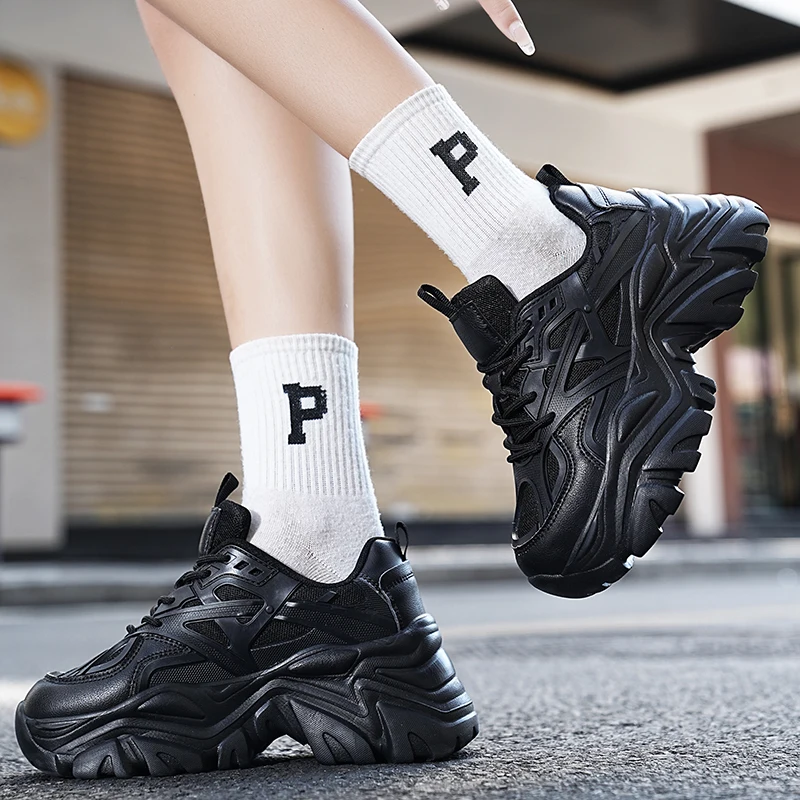 2023 Women's Black Chunky Sneakers Breathable Platform Sports Shoes Woman Lace Up Thick Sole Casual Shoes Zapatillas Mujer Beige