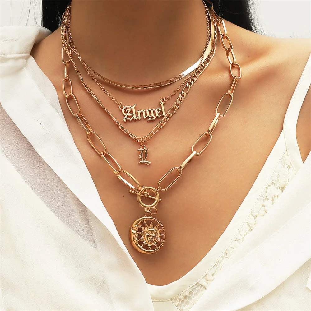 

Hot selling jewelry personality classic letter Angel Moon Sun Pendant multi-layer Necklace
