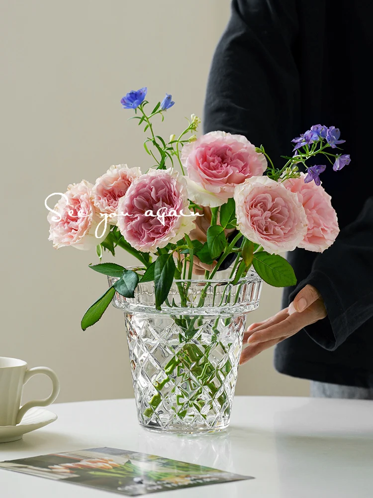 

French Minimalist Creative Large-diameter Crystal Vase High-end Decoration Glass Transparent Flower Arrangement for Living Room