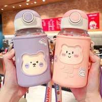 plastic drink bottle with straw cartoon childrens water bottle with strap pink color portable drinking cup for girls 501 600ml