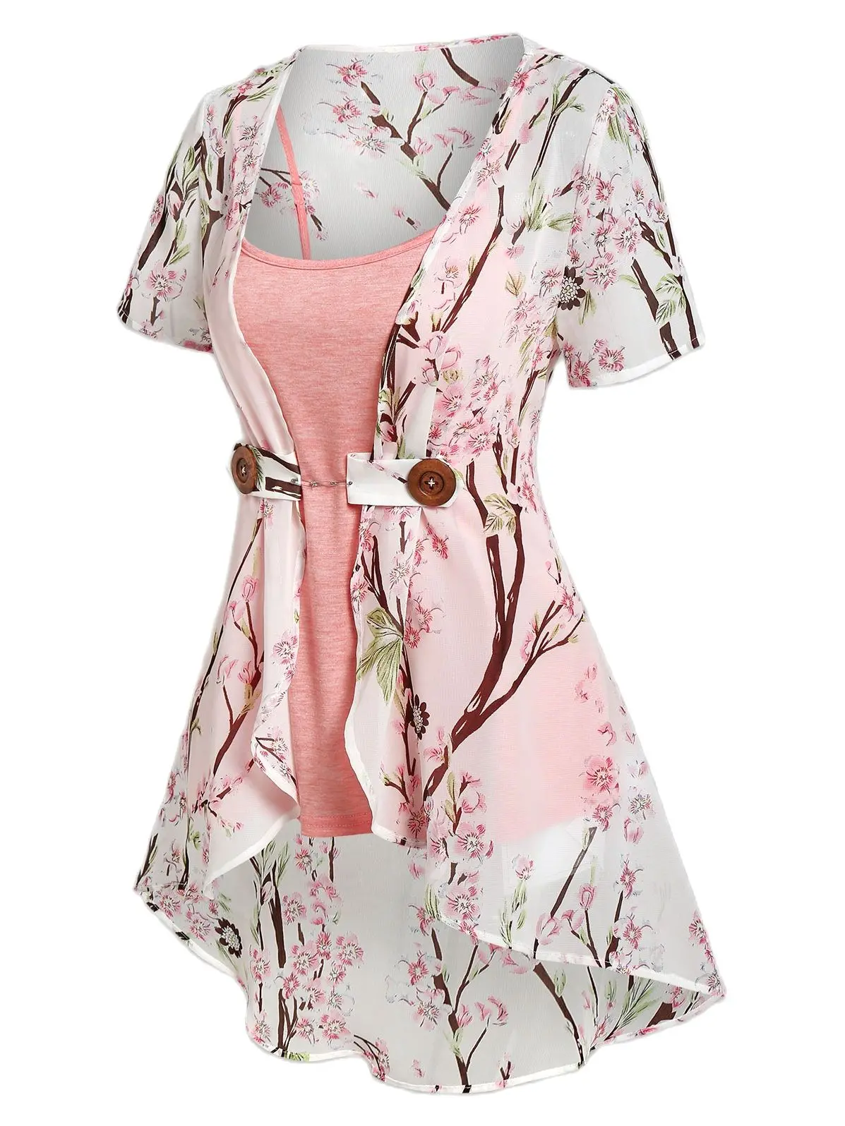 

Dressfo Two-Piece Set Top Chiffon Irregular Floral Print Summer Vacation Asymmetric Top Twinset Allover Peach Blossom Shirts