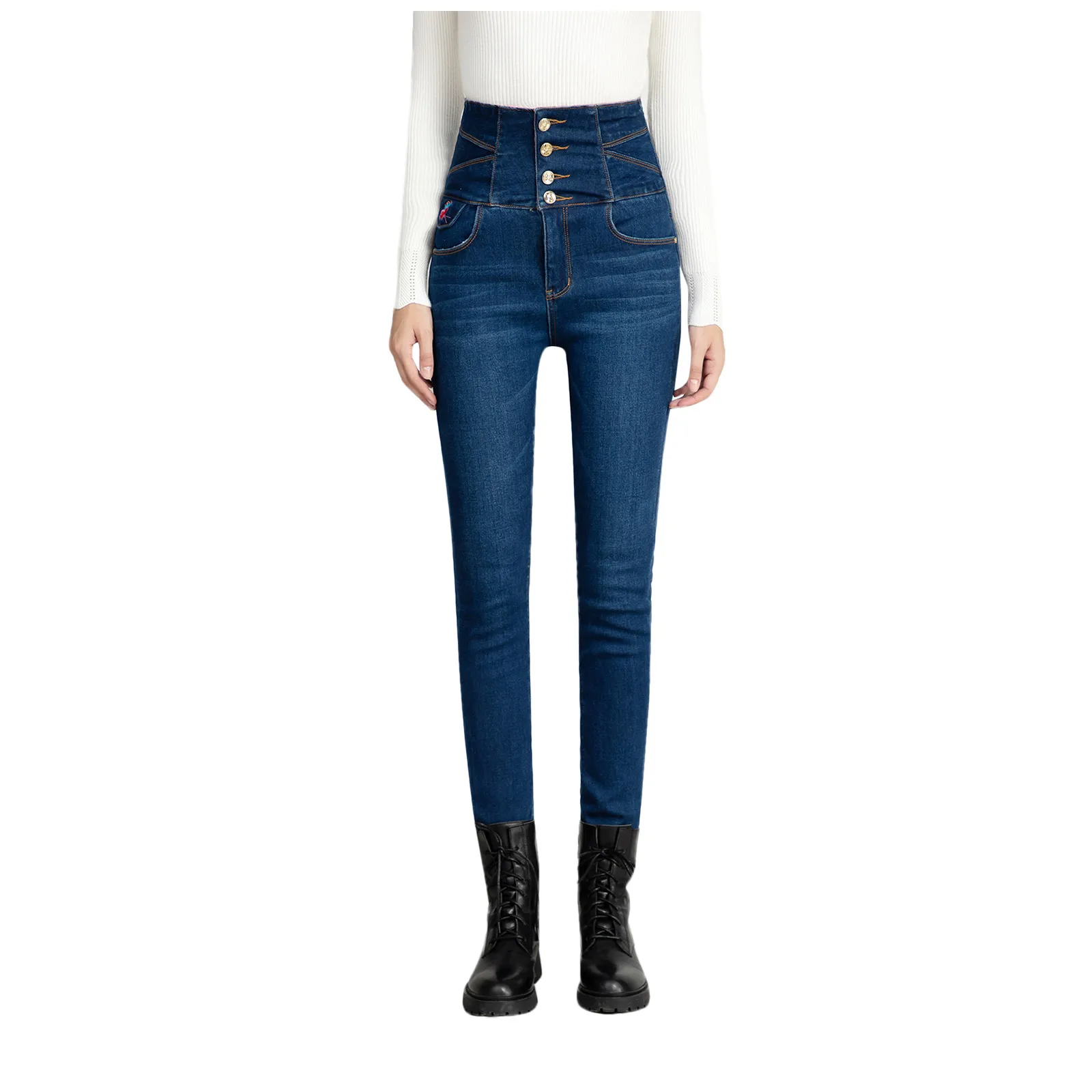 

Pants Waist Warm Thickened Women Plush Jeans Button Pocket Slim Elastic Straight High Women's Jeans pants Woman jeans