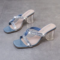 2022 new sexy bow rhinestone open toe high heels 2021 summer square toe stiletto sandals womens sandals