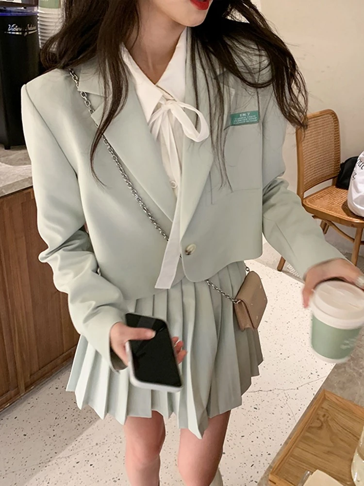 Женский блейзер с высокой талией приталенный короткий пиджак и плиссированная