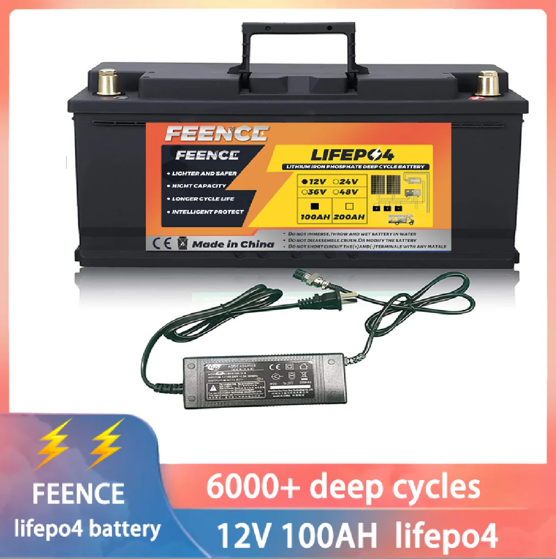 

FEENCE 12V 100AH LiFePO4 Lithium Battery Built-in 100AH BMS 6000+Deep Cycles Backup Power for Golf cart Camper RV Energy Storage