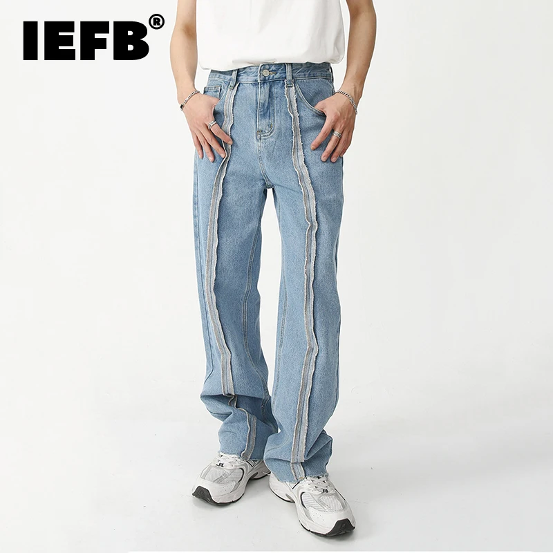 

IFEB Korean Fahsion Men's Raw Edge Jeans High Street Male Spliced Denim Trousers Straight Casual Wide Leg Pants 2023 Spring 9S9