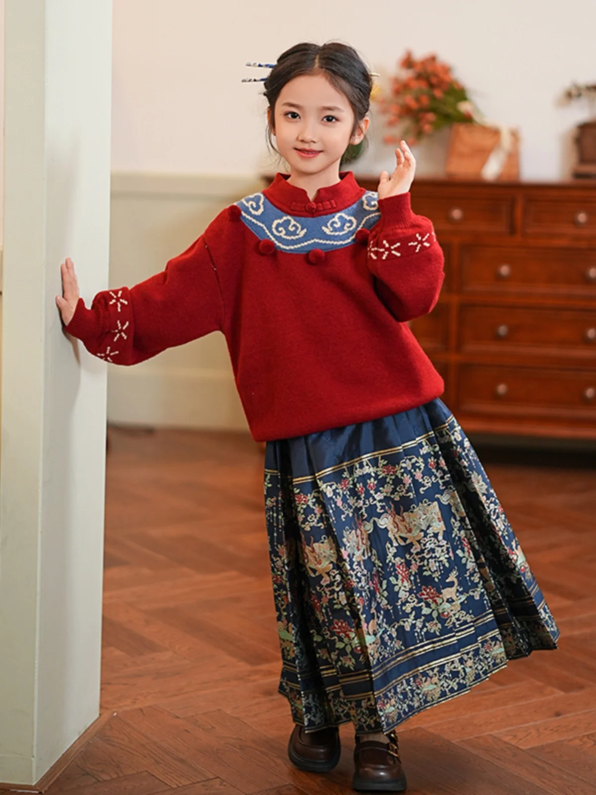 Платье на китайский новый год длинная юбка с эластичным поясом для девочек