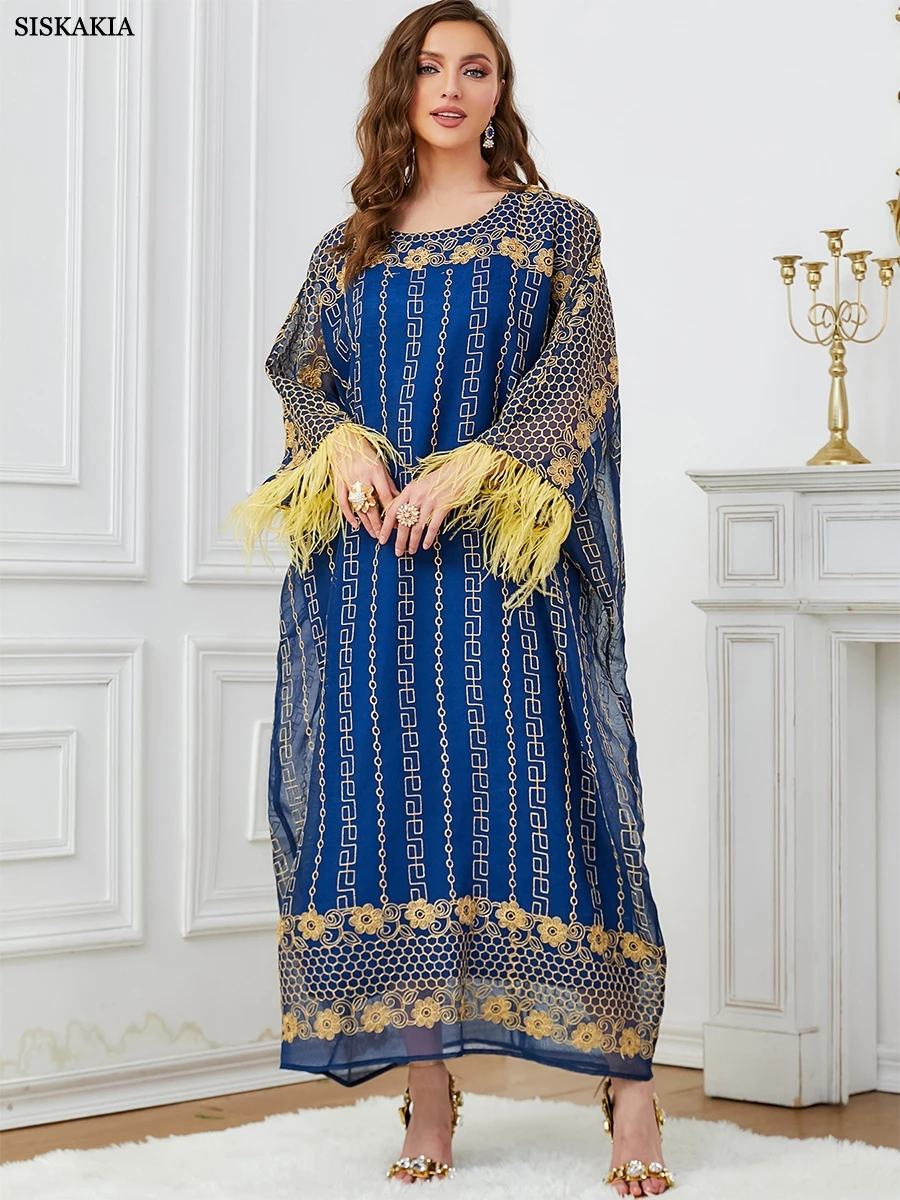 Женский кафтан Siskakia с вышивкой и рукавами летучая мышь цветочным принтом круглым