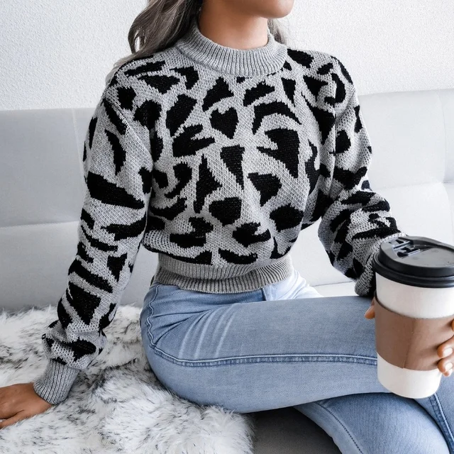 Fashion knitted o neck sweater for women pullover Autumn and winter leisure leopard print waist knit short sweater jumpers tops 4