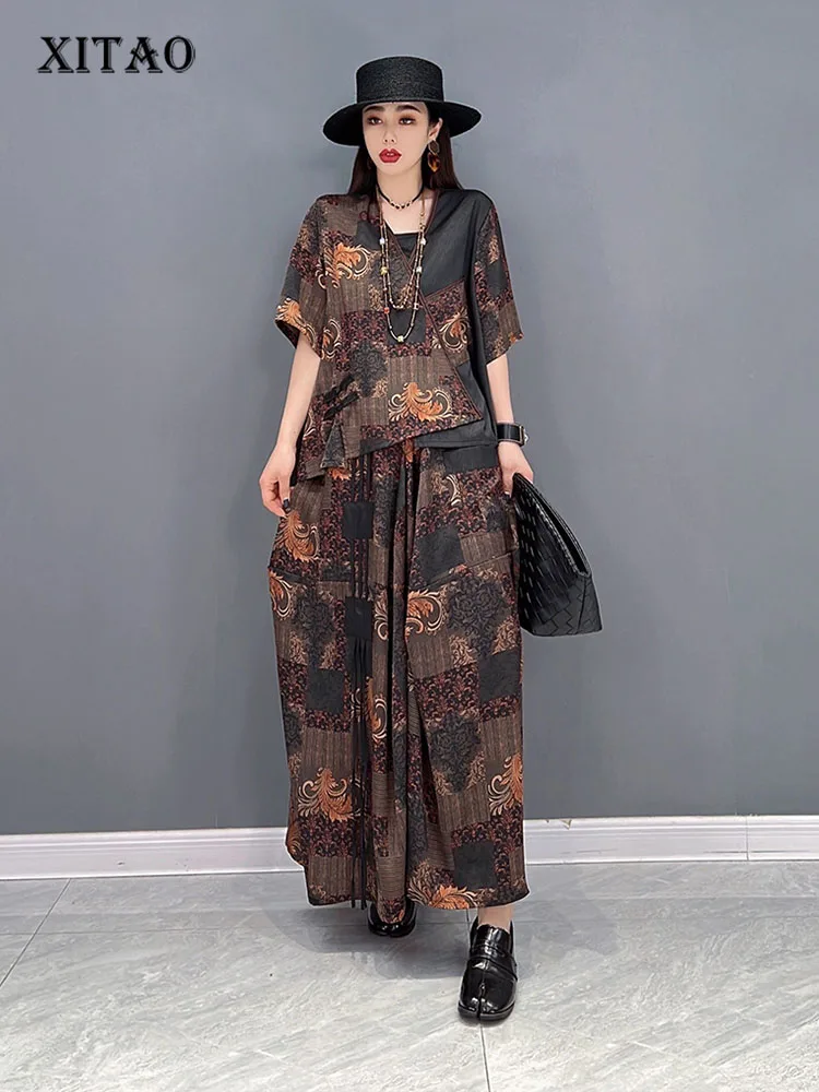 

XITAO Two Piece Set Women Pullover Print Pattern Top Elastic Waist Loose Skirt 2022 Summer Minority Elegant Style WLD7020