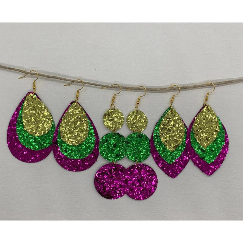 

Layered Glitter Mardi Gras Faux Leather Dangle Tassel Earrings