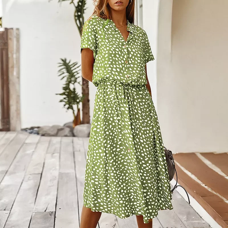 

New2022 Women Dresses Summer Boho Dot Print High Waist Shirt Dress Casual Holiday Beach Short Sleeved Female Midi Dress