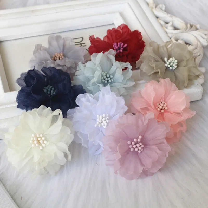 

10PCS/Lot 5.5CM Fabric Flower Multilayered Rose Carnation With Core DIY Girl Headdress Flower Cloth Dress Accessories