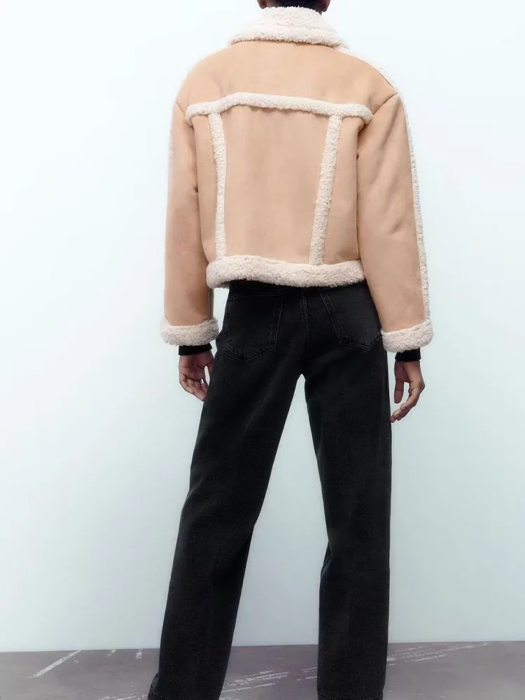 

2022 winter new women's fashion lapel chic fleece stitching double-sided jacket casual and versatile warm jacket