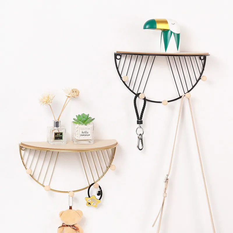 

Iron and Wooden Board Storage Rack Shelf with Hooks Hat Key Hangers Holder Wall Hook Home Decoration Bathroom Accessories