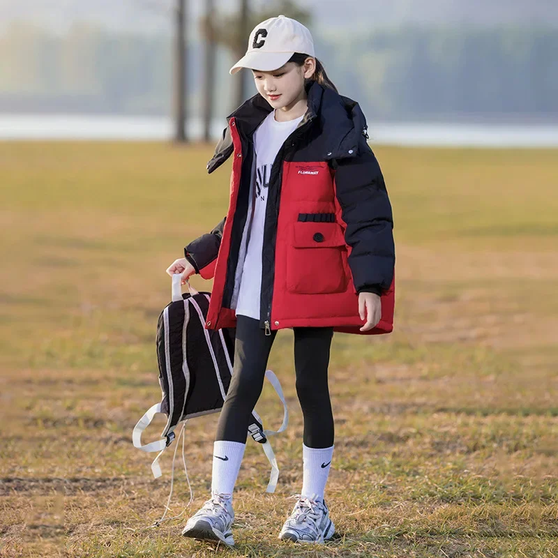 Длинный детский свободный утолщенный пуховик для девочек красный фиолетовый