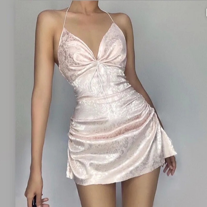 

Hot sexy deep V open back bow tie rope sweet jacquard pull fold neck party dress womenvestidos