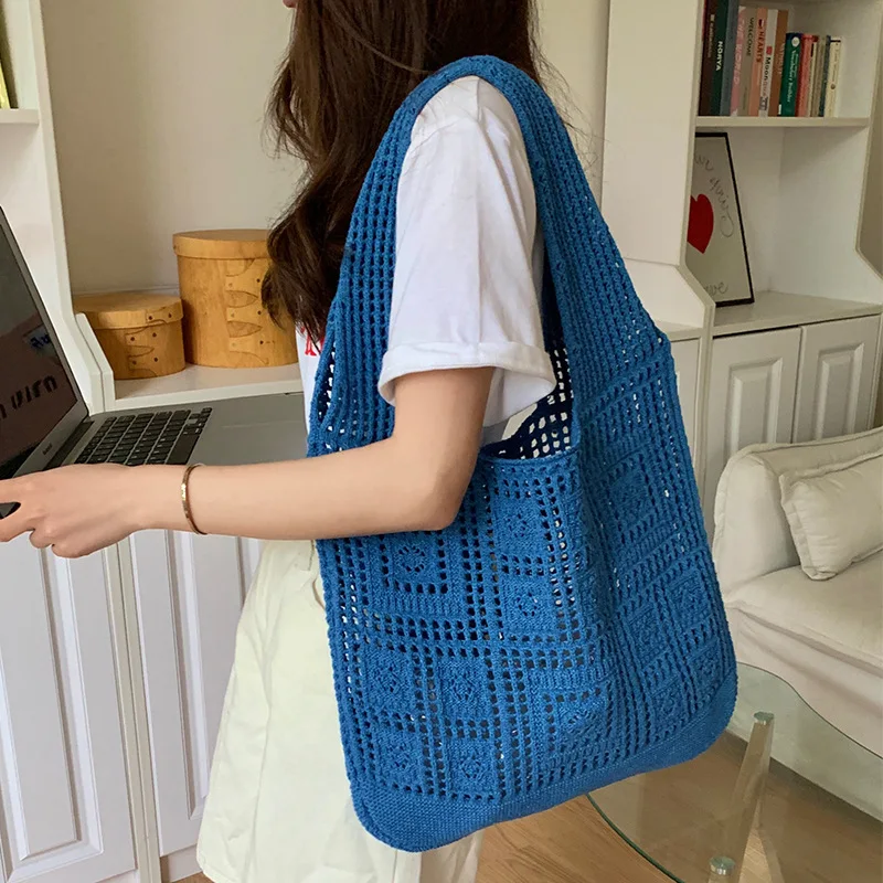 

New Fashion Hollow Out Simple Woven Bag Women Shoulder Handbag Knitted Travel Shopping Bags