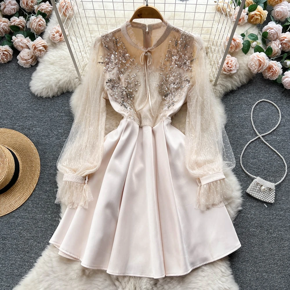 

Fashion Mesh Lace Patchwork Mini A Line Dress Women Runway Beaded Embroidery Elegant Ball Gown Dresses Vestidos Jurken