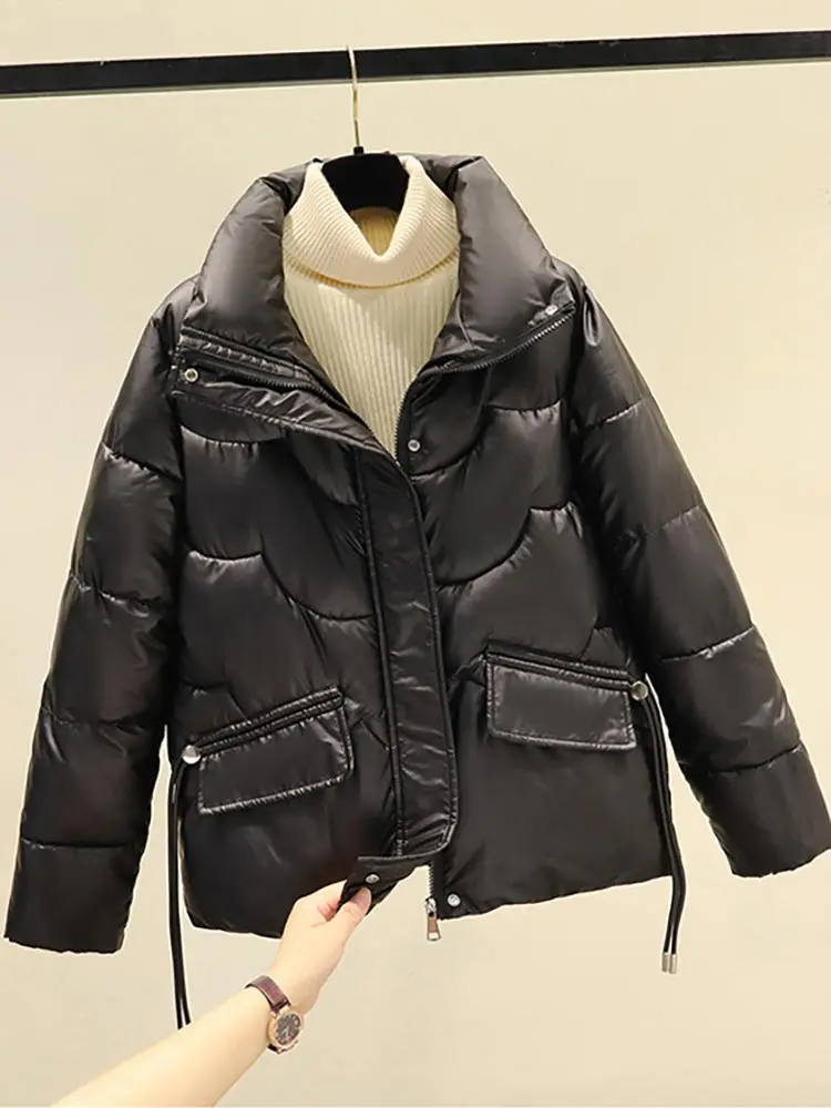 GRELLER 2022 New Casual Short Parkas Women Fashion Stand Collar Winter Coats Women Clothes Elegant Cotton Padded Jackets 4XL