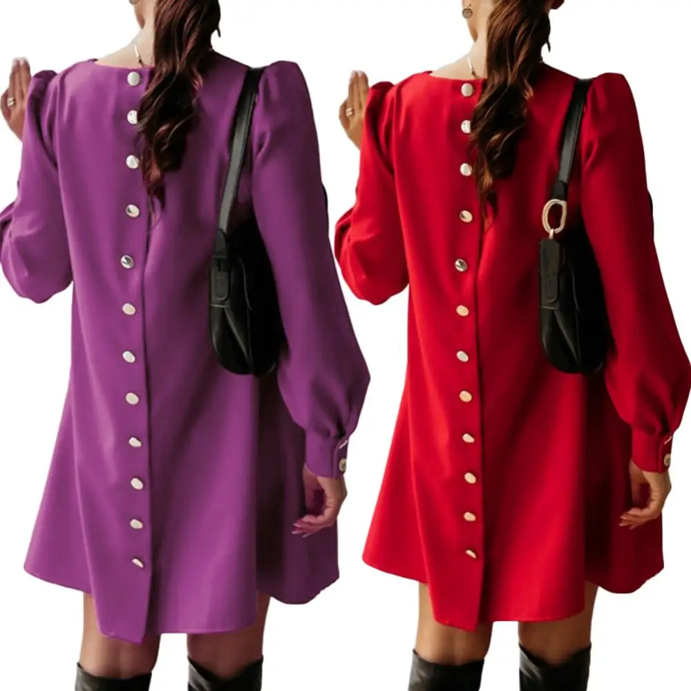 

Свободное однобортное мини-платье с длинным рукавом, повседневное однотонное женское платье из полиэстера с манжетами на спине