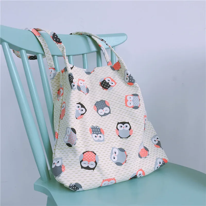

Teenager Girl Owl Recycled Cotton Cloth School Over Shoulder Hobo Bag Student Big Capacity Roomy Book Kawaii Everyday Handbag