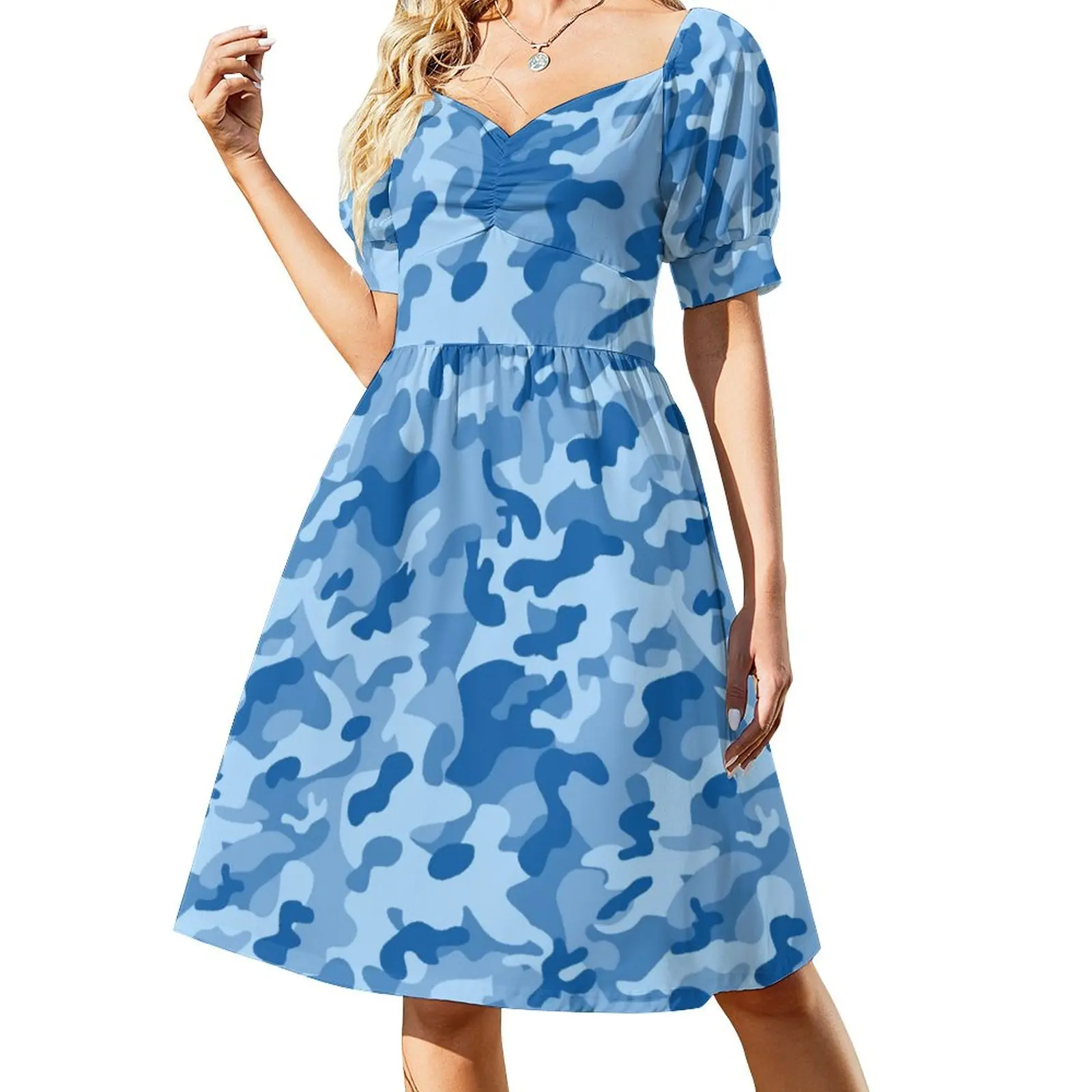 

Blue Camouflage Casual Dress Navy Camo Design Aesthetic Dresses Sexy V Neck Beach Print Dress Big Size