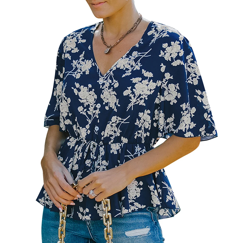 

Женская летняя облегающая футболка, Повседневный пуловер с цветочным принтом, рукавом до локтя и V-образным вырезом