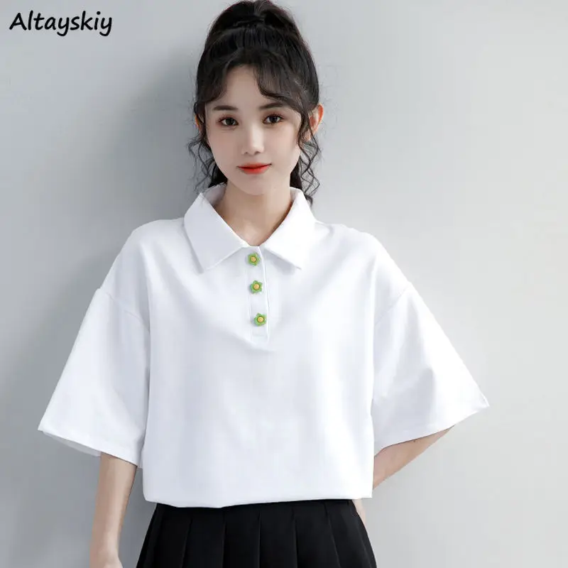 

T-shirts Women Loose Button Preppy Cool Unisex Streetwear Basic All-match Kawaii Teens Fashion Young Ulzzang футболка Casual Ins