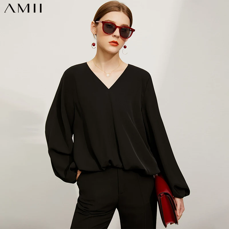 

Amii Minimalism Summer Women's Shirt Offical Lady Solid Oneck Lantern Sleeve Women's Chiffon Blouse Causal Women's tops 12140533