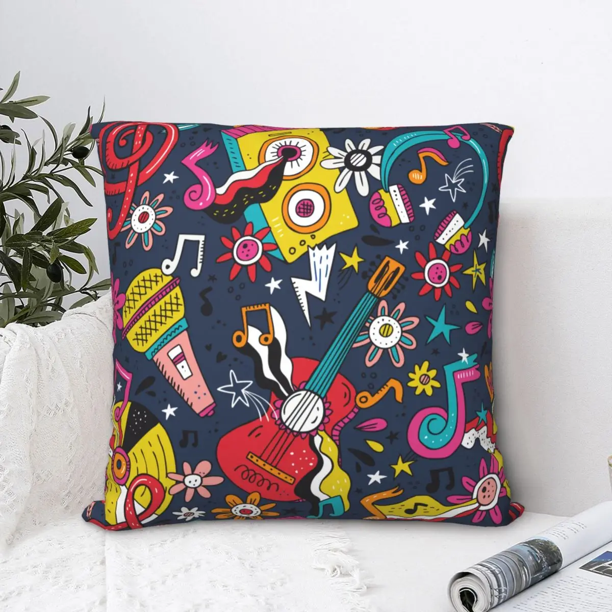 

Rock N Roll Disco Pop Doodle Square Pillow Cases Cushion Covers Funny Polyester Decor Pillowcase for Bed 45*45cm