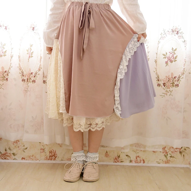 

Japanese Harajuku Mori Girl Patchwork Skirt Women Clothing Ruffles Lace Layer Big Bow Retro Female Kawaii Skirts A047
