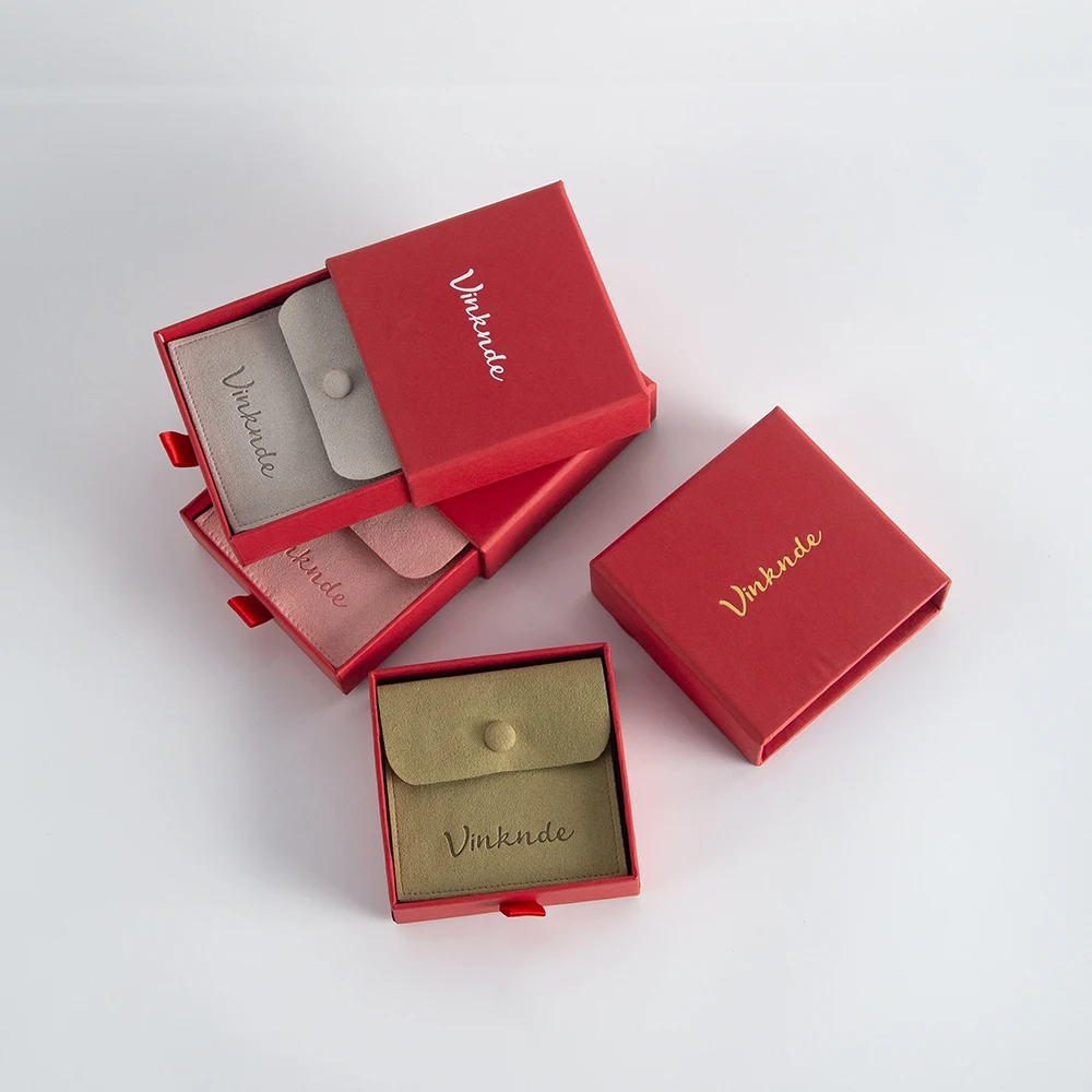 Red Cardboard Boxes Microfiber Suede Button Bags Set Custom Logo DIY Jewelry Earrings Necklace Packaging Organizer Case Pouches