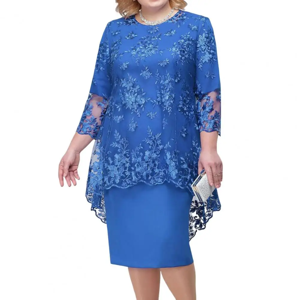 

1 Set Beautiful Party Dress Crew Neck Soft Lady Dress Female 3/4 Sleeve Evening Dress Embroidery Flower Cover Up Set