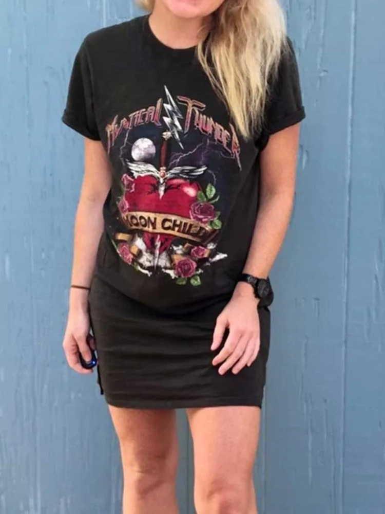 

Платье-футболка женское без рукавов, винтажное повседневное мини-платье-майка в стиле бохо, с графическим принтом, черное