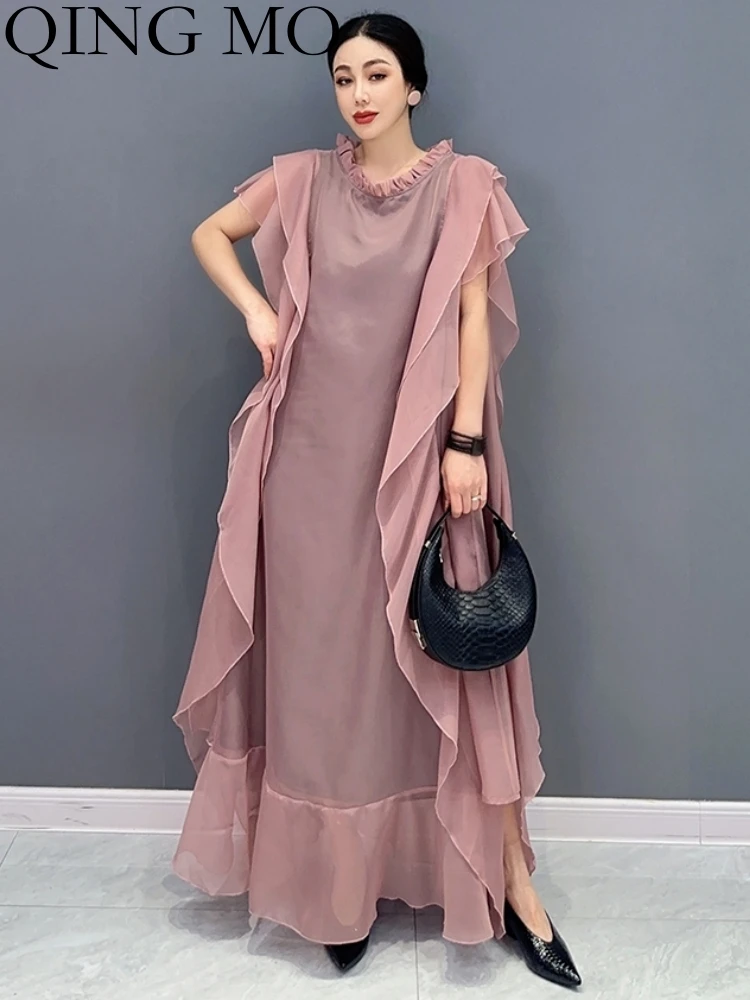 

QING MO 2023 Summer New Women Sleeveless Spliced Mesh Solid Color Large Loose Dress Fashion Trendy Girl Black Long Top ZY140A