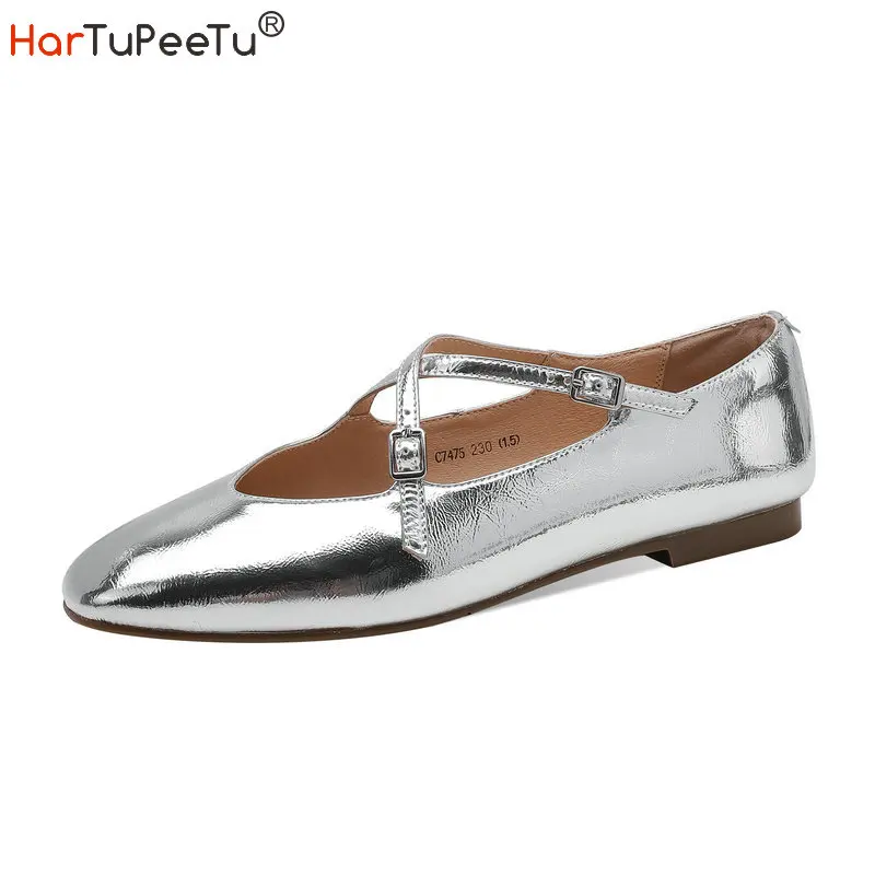 Genuine Leather Silver Flats Women Soft Comfortable Mary Janes Shoes Girls 2022 Autumn New Shallow Slip on Beige Zapatos Mujer