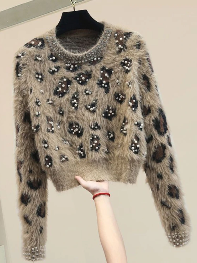 

Тяжелый женский свитер из овечьей шерсти с леопардовым принтом, плотный свитер с круглым вырезом и длинными рукавами, женские облегающие Мо...