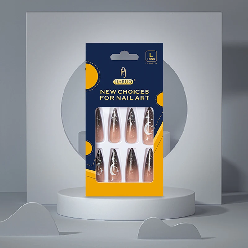 JIARUO 24PCS/BOX Long Press on Nails Oval Fake Nail Y2k Reusable Nail Halloween Black Starry Nail Art Full Cover Paste Nail Art