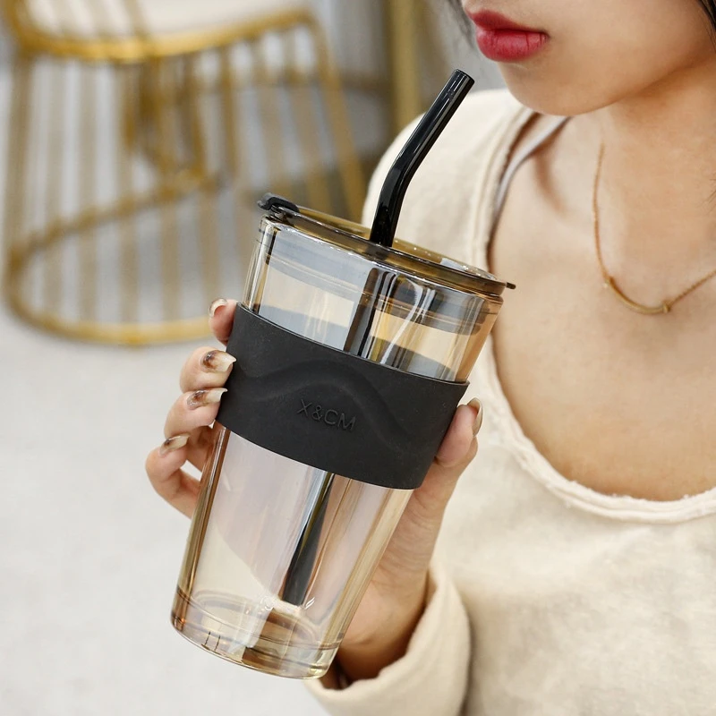 

Glass Water Cup with Straw Lid Portable Coffee Mug Heat-Resistant Milk Juice Tea Cups Double Drink Travel Leak-proof Drinkware