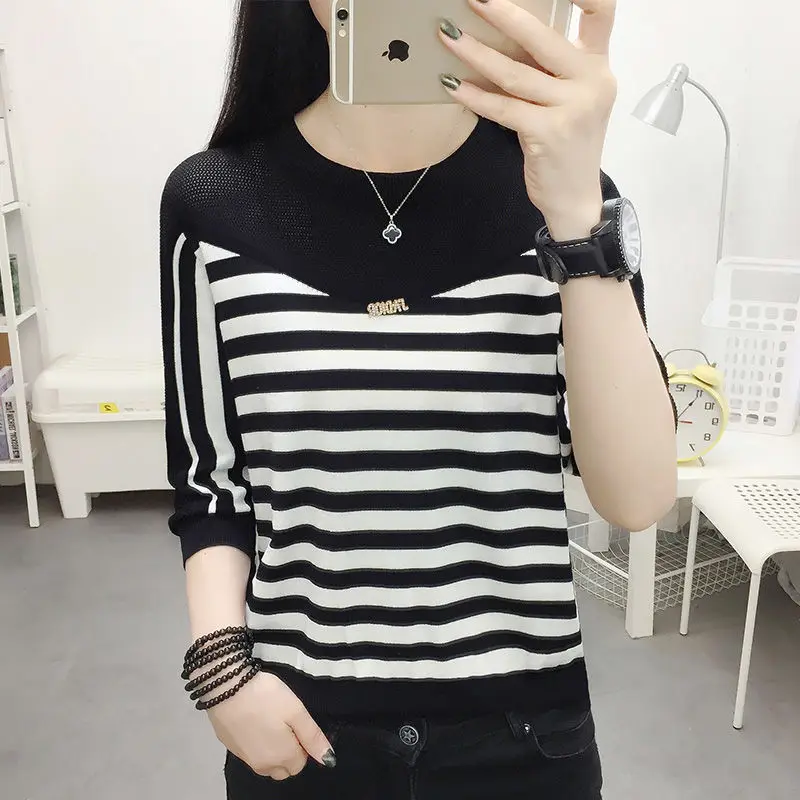 

Fashion Spliced Hollow Out Knitted Letter Striped T-Shirt Women Clothing 2022 Autumn New Oversized Casual Tops Korean Tee Shirt